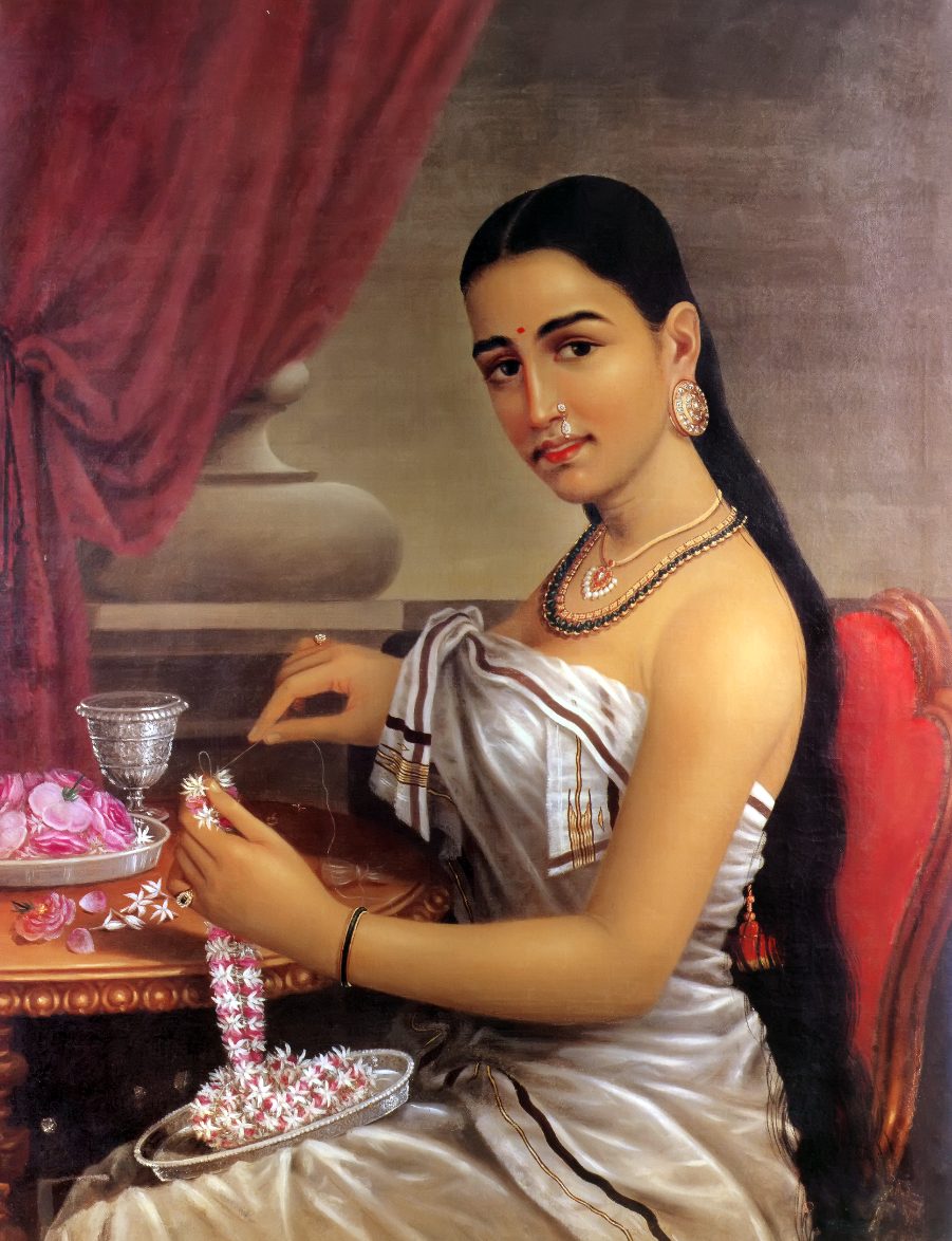 Woman Stringing Flowers